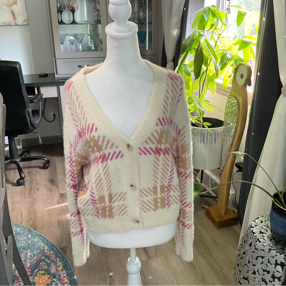 Miami Plaid Cardigan - Cream and Pink